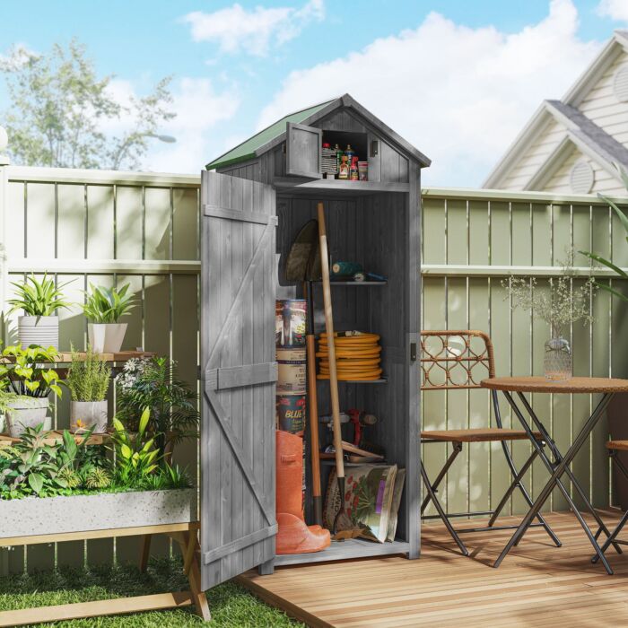 Outsunny Garden Shed Vertical Utility 3 Shelves Shed Wood Outdoor Garden Tool Storage Unit Storage Cabinet, 77 X 54.2 X 179cm - Grey
