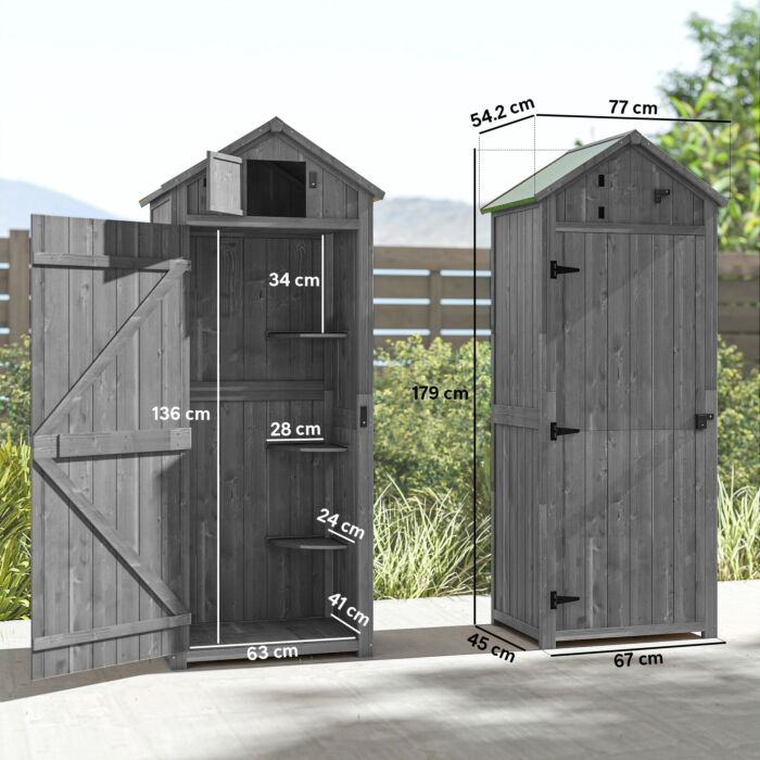 Outsunny Garden Shed Vertical Utility 3 Shelves Shed Wood Outdoor Garden Tool Storage Unit Storage Cabinet, 77 X 54.2 X 179cm - Grey