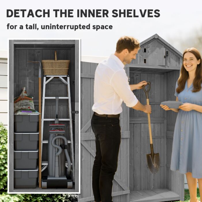 Outsunny Garden Shed Vertical Utility 3 Shelves Shed Wood Outdoor Garden Tool Storage Unit Storage Cabinet, 77 X 54.2 X 179cm - Grey