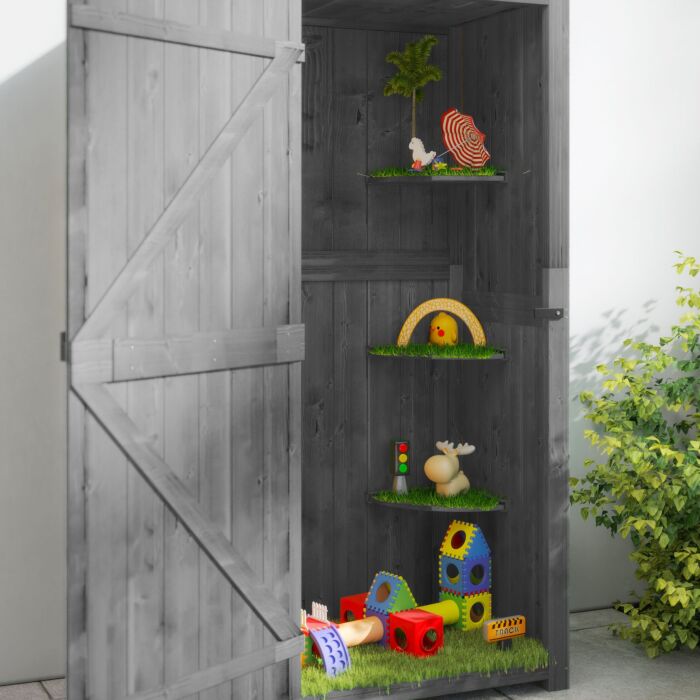 Outsunny Garden Shed Vertical Utility 3 Shelves Shed Wood Outdoor Garden Tool Storage Unit Storage Cabinet, 77 X 54.2 X 179cm - Grey