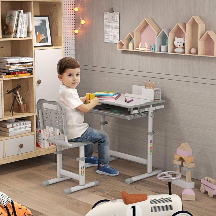 Homcom Kids Desk And Chair Set Height Adjustable Student Writing Desk Children School Study Table With Tiltable Desktop, Grey
