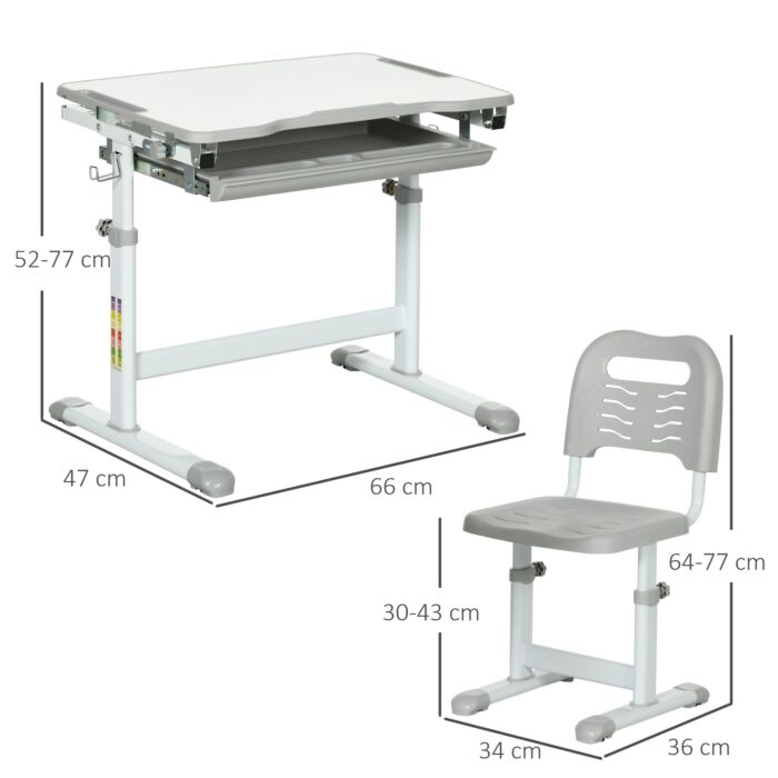 Homcom Kids Desk And Chair Set Height Adjustable Student Writing Desk Children School Study Table With Tiltable Desktop, Grey