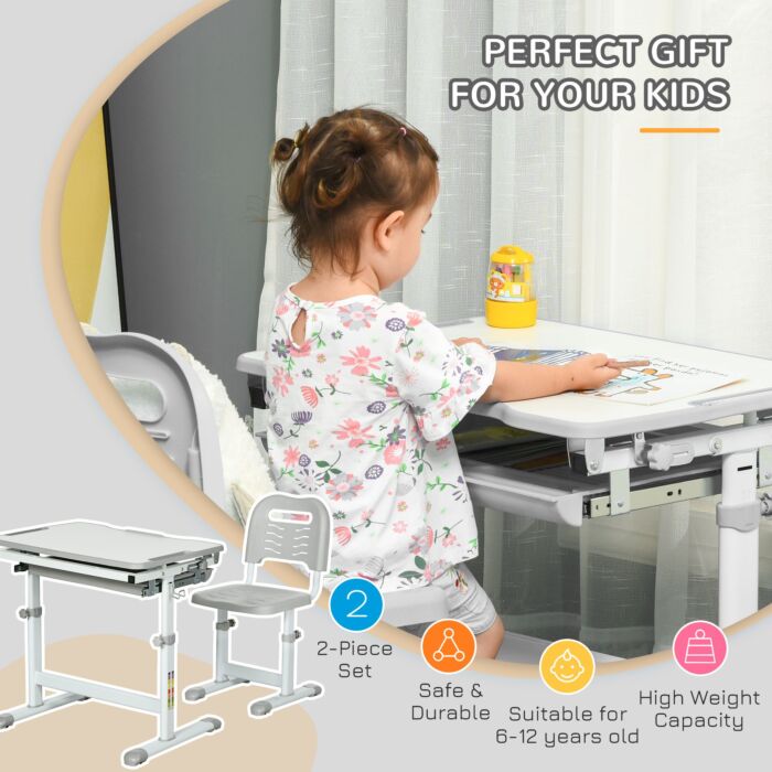 Homcom Kids Desk And Chair Set Height Adjustable Student Writing Desk Children School Study Table With Tiltable Desktop, Grey