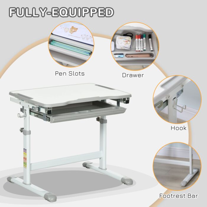Homcom Kids Desk And Chair Set Height Adjustable Student Writing Desk Children School Study Table With Tiltable Desktop, Grey