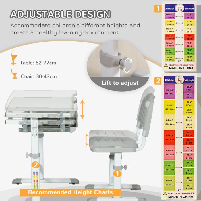 Homcom Kids Desk And Chair Set Height Adjustable Student Writing Desk Children School Study Table With Tiltable Desktop, Grey