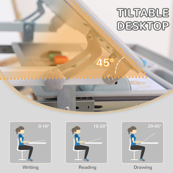 Homcom Kids Desk And Chair Set Height Adjustable Student Writing Desk Children School Study Table With Tiltable Desktop, Grey