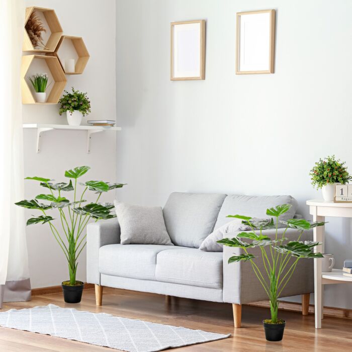 Homcom 2 Pack Decorative Artificial Monstera Plants In Pot Fake Plants For Home Decor, 85cm, Green