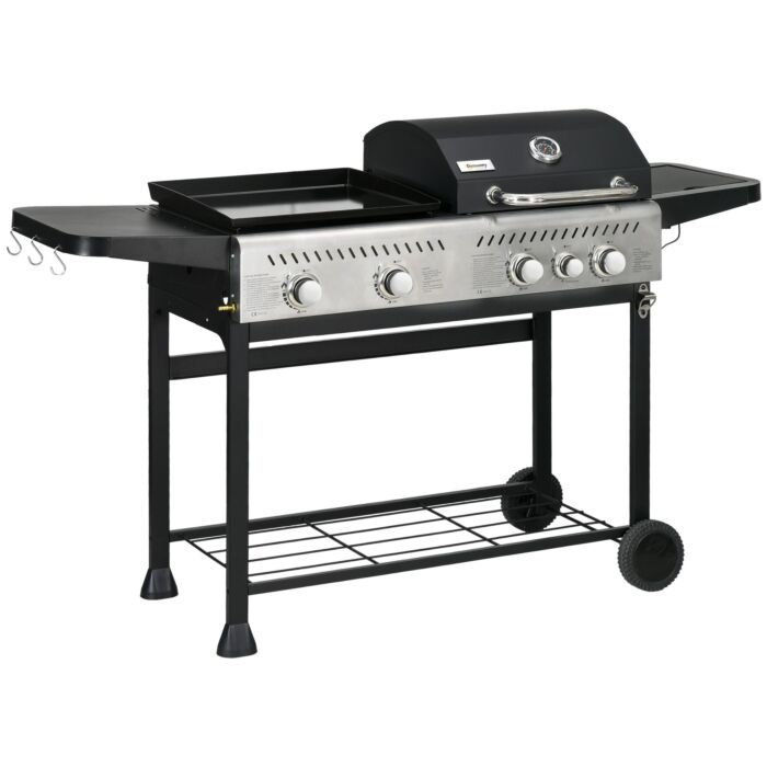Outsunny 15 Kw Gas Bbq Grill And Plancha With Side Burner, Black