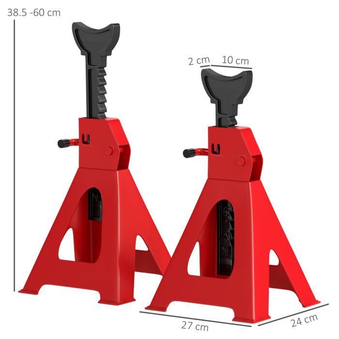 Homcom Axle Stands 3 Ton Car Jack Stands Pack Of 2, 38.5-60 Cm Height Adjustable Support Jack Stand, Heavy Duty Car Lift Tool For Vehicles, Caravans, Workshops, Garages, Red