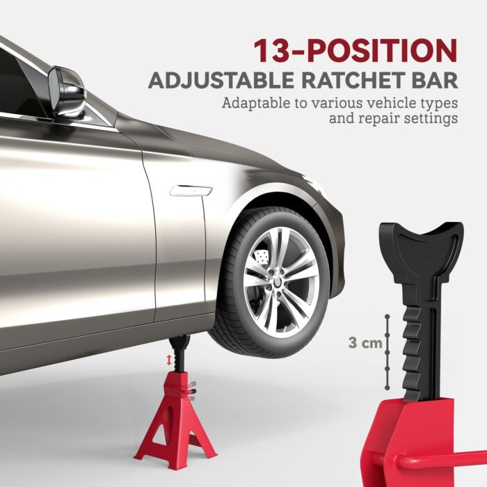 Homcom Axle Stands 3 Ton Car Jack Stands Pack Of 2, 38.5-60 Cm Height Adjustable Support Jack Stand, Heavy Duty Car Lift Tool For Vehicles, Caravans, Workshops, Garages, Red