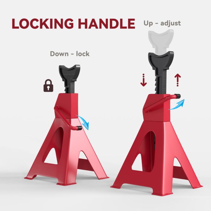 Homcom Axle Stands 3 Ton Car Jack Stands Pack Of 2, 38.5-60 Cm Height Adjustable Support Jack Stand, Heavy Duty Car Lift Tool For Vehicles, Caravans, Workshops, Garages, Red