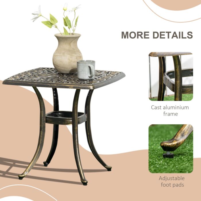 Outsunny Outdoor Patio Side Table With 38mm Dia. Umbrella Hole, Cast Aluminium Patio Coffee Table, 54 X 54cm, Bronze