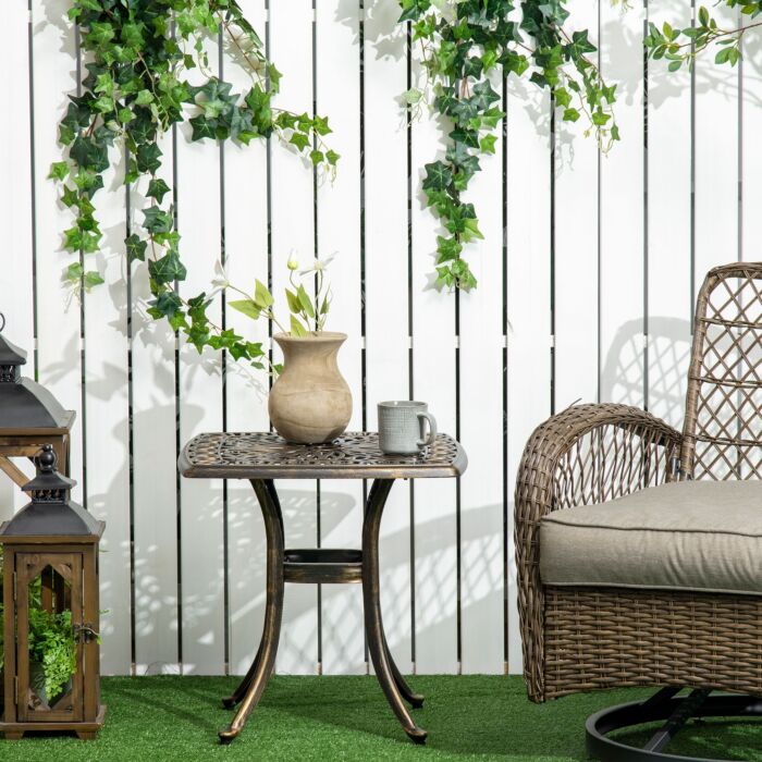 Outsunny Outdoor Patio Side Table With 38mm Dia. Umbrella Hole, Cast Aluminium Patio Coffee Table, 54 X 54cm, Bronze