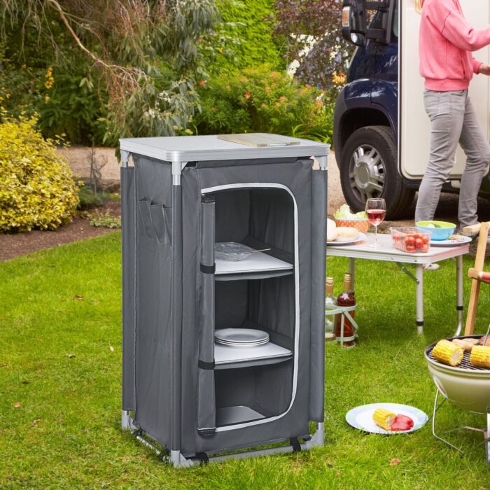 Outsunny 3-shelf Camping Cupboard Camping Kitchen Station Cook Table, Storage Organiser For Bbq Party Picnics Backyards With Carrying Bag, Grey