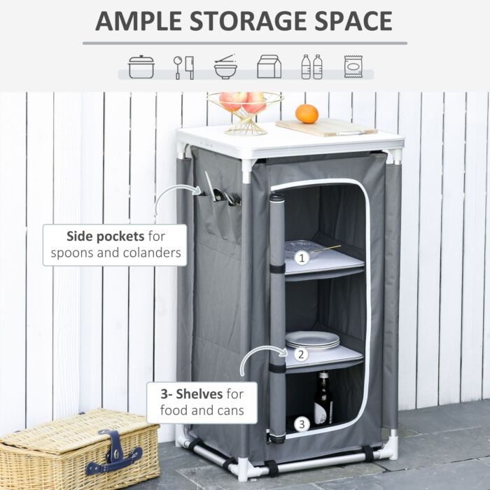 Outsunny 3-shelf Camping Cupboard Camping Kitchen Station Cook Table, Storage Organiser For Bbq Party Picnics Backyards With Carrying Bag, Grey
