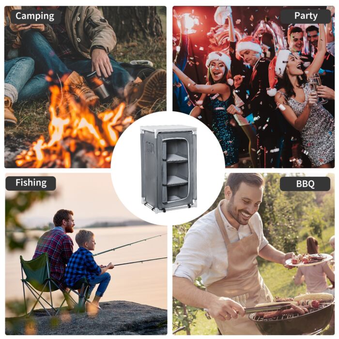 Outsunny 3-shelf Camping Cupboard Camping Kitchen Station Cook Table, Storage Organiser For Bbq Party Picnics Backyards With Carrying Bag, Grey