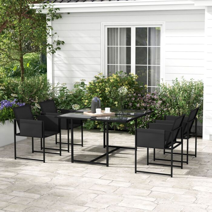 Outsunny 5 Piece Garden Dining Set With Breathable Mesh Seat, Adjustable Backrest, Tempered Glass Table Top, Black