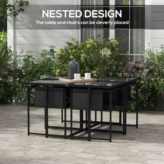 Outsunny 5 Piece Garden Dining Set With Breathable Mesh Seat, Adjustable Backrest, Tempered Glass Table Top, Black
