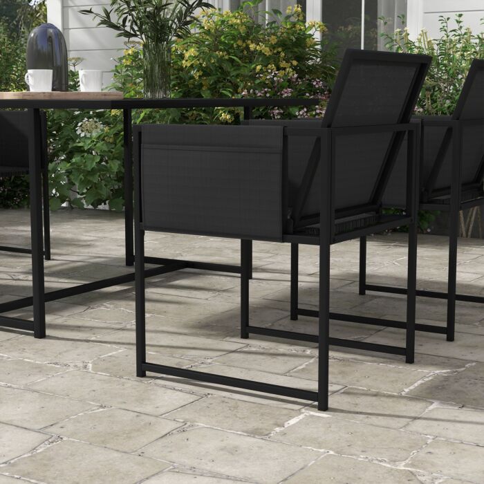 Outsunny 5 Piece Garden Dining Set With Breathable Mesh Seat, Adjustable Backrest, Tempered Glass Table Top, Black