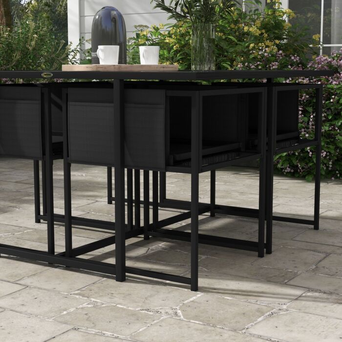 Outsunny 5 Piece Garden Dining Set With Breathable Mesh Seat, Adjustable Backrest, Tempered Glass Table Top, Black