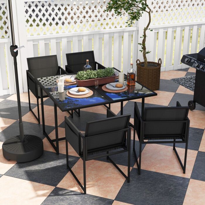 Outsunny 5 Piece Garden Dining Set With Breathable Mesh Seat, Adjustable Backrest, Tempered Glass Table Top, Black