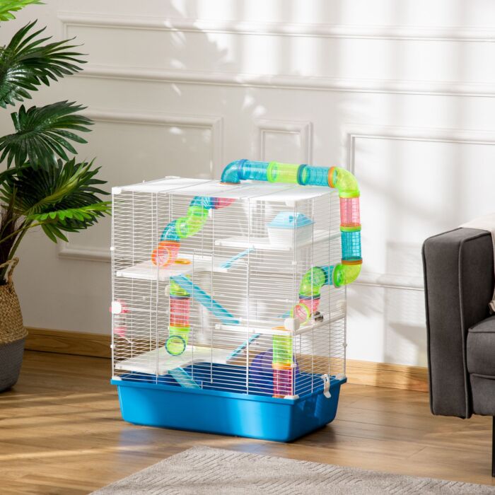 Pawhut Large Hamster Cage, 5-level Gerbil Haven, Small Rodent House, Tunnel Tube System, With Water Bottle, Exercise Wheel, Ramps, 59x36x 69 Cm Blue