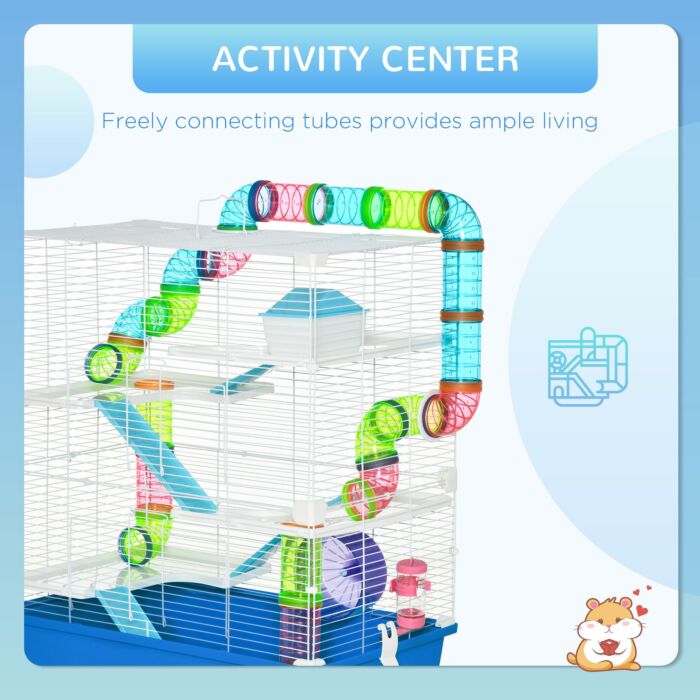 Pawhut Large Hamster Cage, 5-level Gerbil Haven, Small Rodent House, Tunnel Tube System, With Water Bottle, Exercise Wheel, Ramps, 59x36x 69 Cm Blue