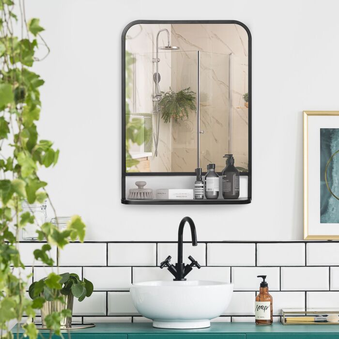 Homcom Modern Square Wall Mirror With Storage Shelf, 70 X 50 Cm Mirrors, Black