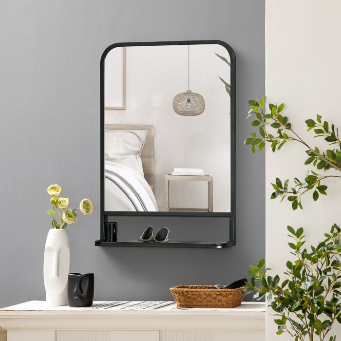 Homcom Modern Square Wall Mirror With Storage Shelf, 70 X 50 Cm Mirrors, Black