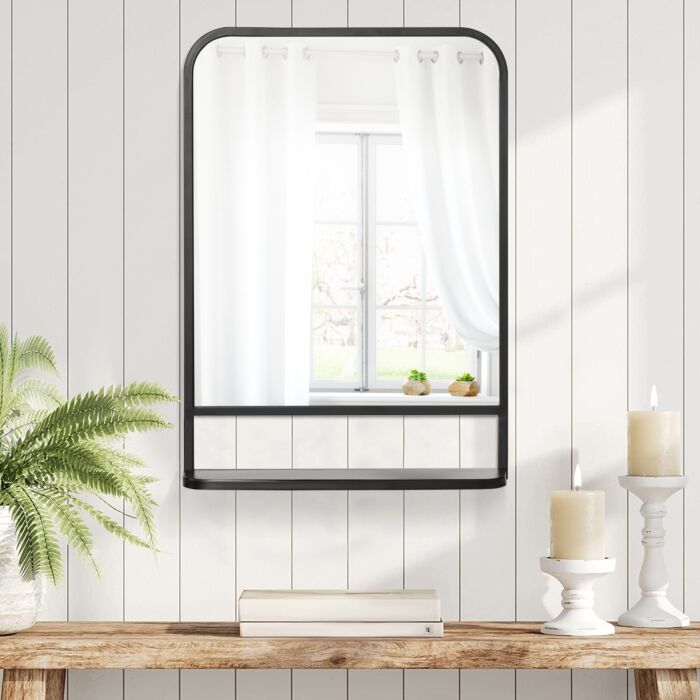 Homcom Modern Square Wall Mirror With Storage Shelf, 70 X 50 Cm Mirrors, Black