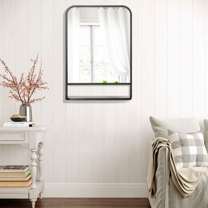 Homcom Modern Square Wall Mirror With Storage Shelf, 70 X 50 Cm Mirrors, Black