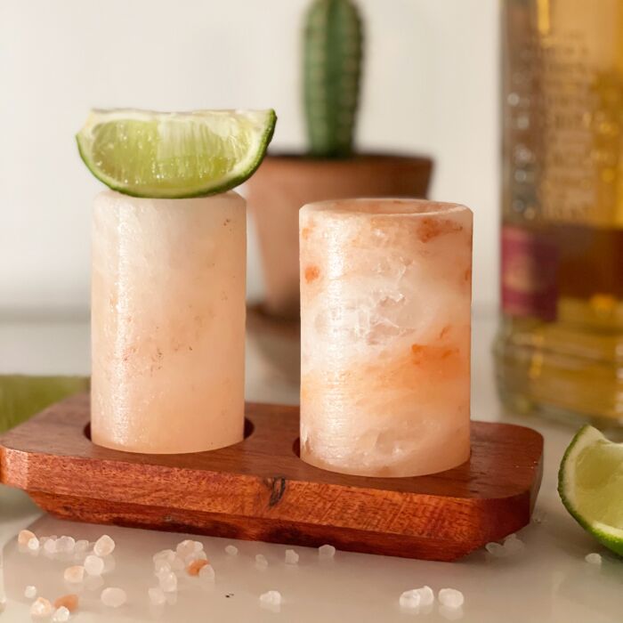 Set Of 4 Himalayan Salt Shot Glasses & Wood Serving Stand