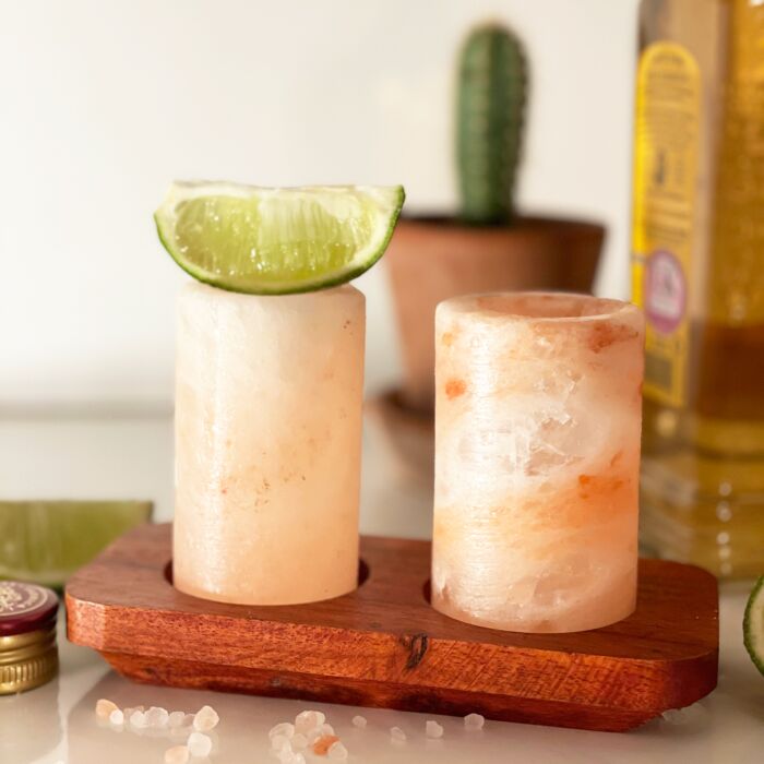 Set Of 4 Himalayan Salt Shot Glasses & Wood Serving Stand