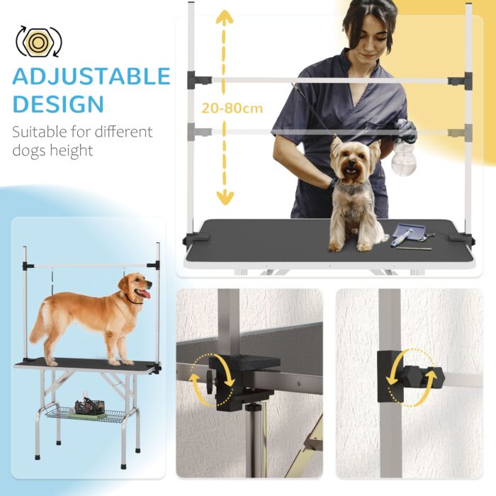 Pawhut Adjustable Dog Grooming Table Rubber Top 2 Safety Slings Mesh Storage Basket Heavy Metal Black 107 X 60 X 170cm