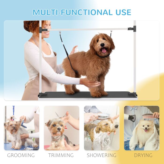 Pawhut Adjustable Dog Grooming Table Rubber Top 2 Safety Slings Mesh Storage Basket Heavy Metal Black 107 X 60 X 170cm