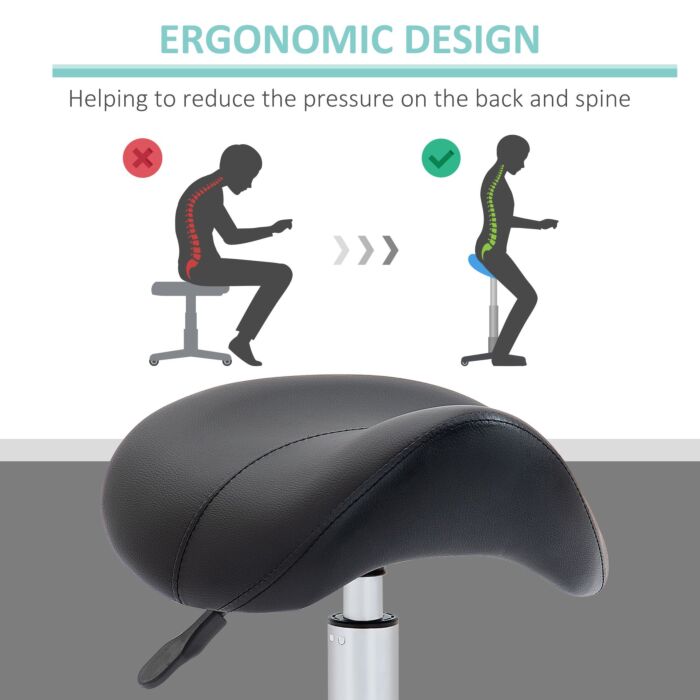 Homcom Cosmetic Stool 360° Rotate Height Adjustable Salon Massage Spa Chair Hydraulic Rolling Faux Leather Saddle Stool Mobility - Black