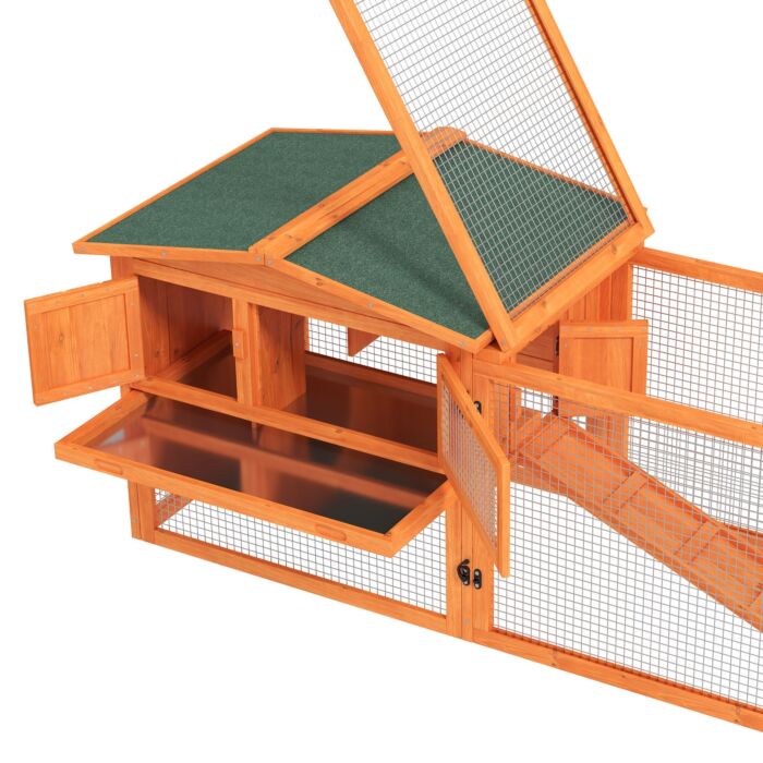 Pawhut Rabbit Hutch And Run Outdoor Bunny Cage Wooden Guinea Pig Hide House With Sliding Tray, Hay Rack, Ramp, 156 X 58 X 68cm