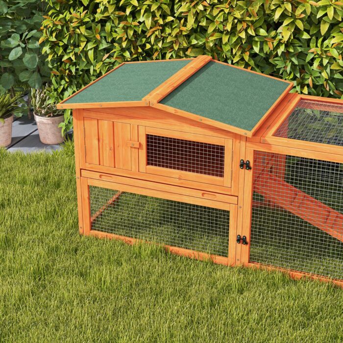 Pawhut Rabbit Hutch And Run Outdoor Bunny Cage Wooden Guinea Pig Hide House With Sliding Tray, Hay Rack, Ramp, 156 X 58 X 68cm
