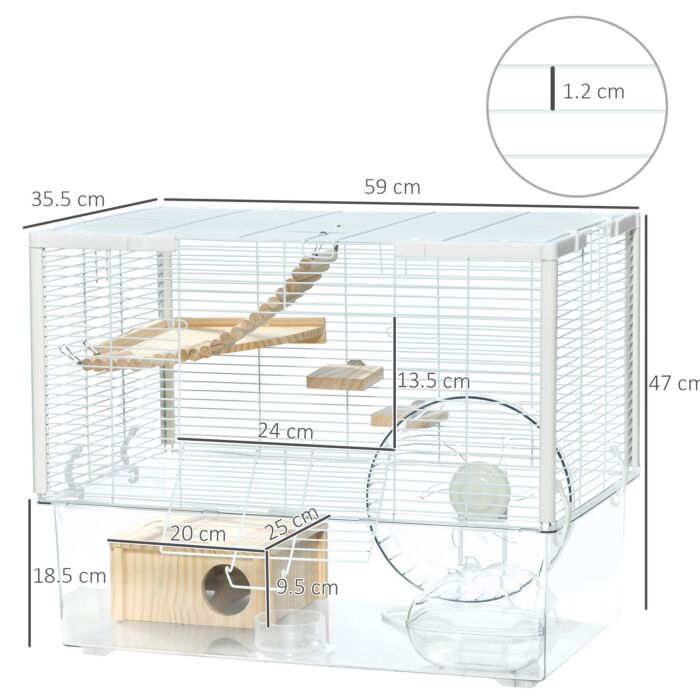 Pawhut Hamster Cage, Gerbilarium Cage, Wooden Ramp, Exercise Wheel, Food Bowl, Natural Tone And White