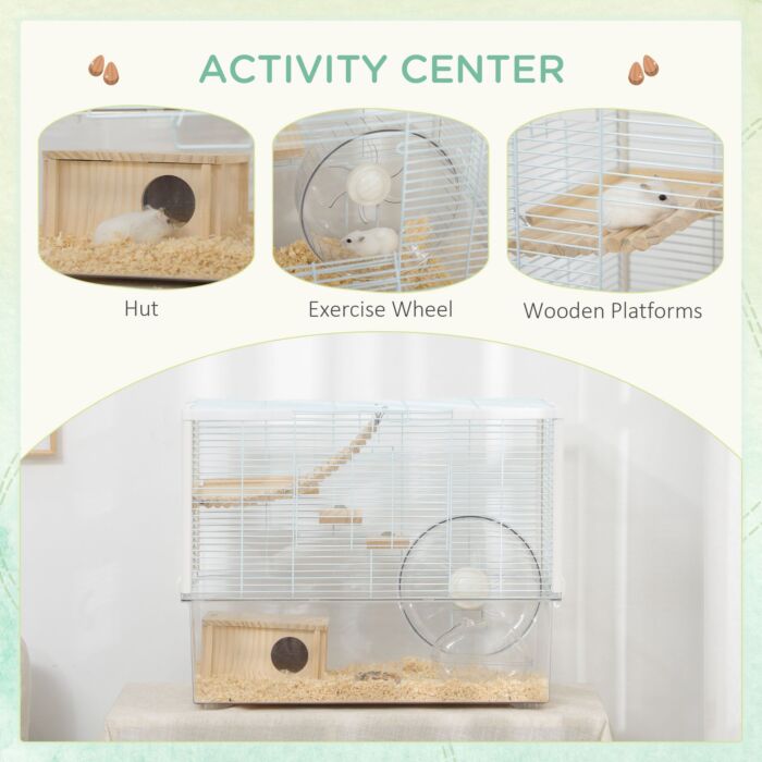 Pawhut Hamster Cage, Gerbilarium Cage, Wooden Ramp, Exercise Wheel, Food Bowl, Natural Tone And White