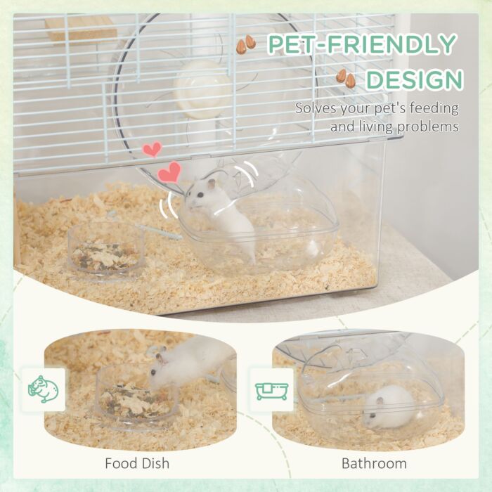 Pawhut Hamster Cage, Gerbilarium Cage, Wooden Ramp, Exercise Wheel, Food Bowl, Natural Tone And White