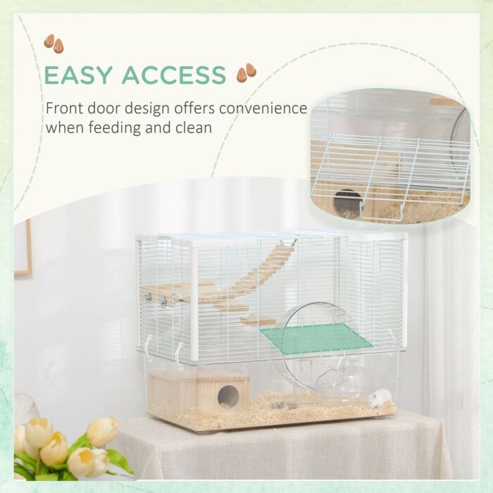 Pawhut Hamster Cage, Gerbilarium Cage, Wooden Ramp, Exercise Wheel, Food Bowl, Natural Tone And White