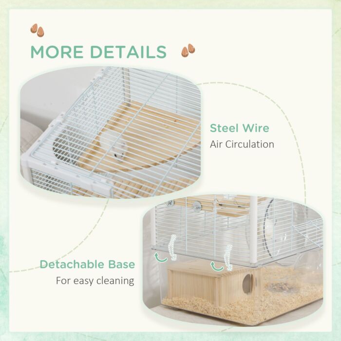 Pawhut Hamster Cage, Gerbilarium Cage, Wooden Ramp, Exercise Wheel, Food Bowl, Natural Tone And White