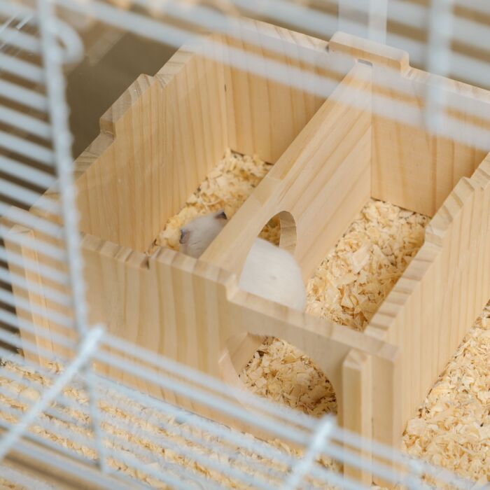Pawhut Hamster Cage, Gerbilarium Cage, Wooden Ramp, Exercise Wheel, Food Bowl, Natural Tone And White
