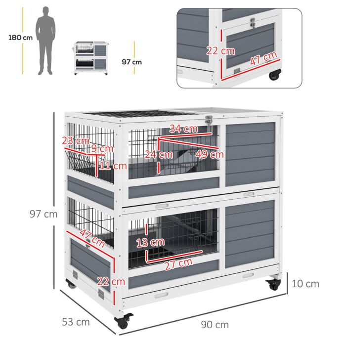 Pawhut Double Deckers Guinea Pig Cage Rabbit Hutch Indoor With Feeding Trough, Trays, Ramps, Openable Top - Grey