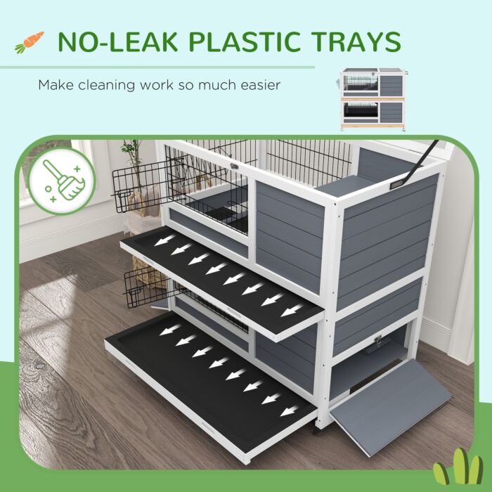 Pawhut Double Deckers Guinea Pig Cage Rabbit Hutch Indoor With Feeding Trough, Trays, Ramps, Openable Top - Grey