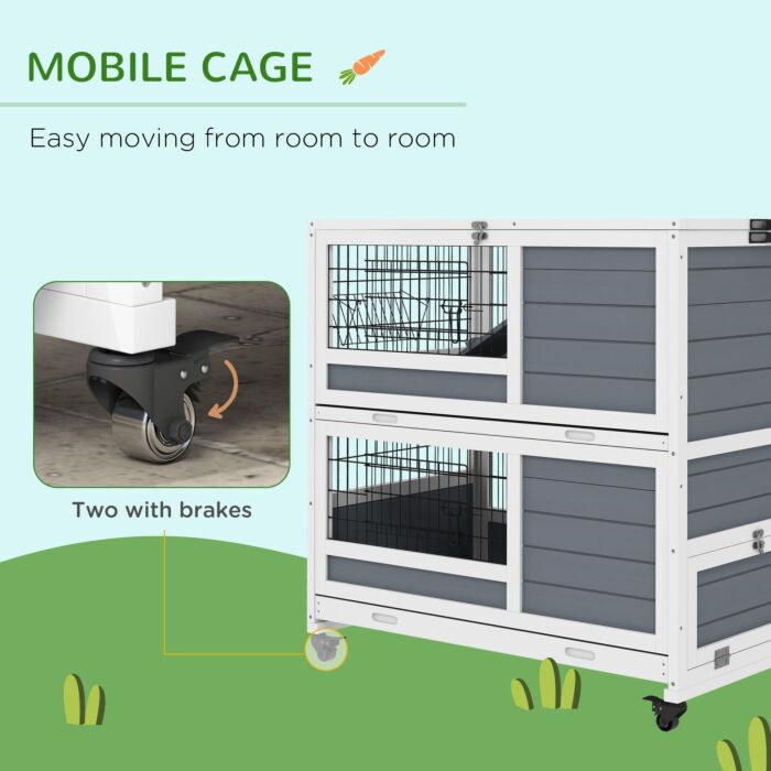 Pawhut Double Deckers Guinea Pig Cage Rabbit Hutch Indoor With Feeding Trough, Trays, Ramps, Openable Top - Grey