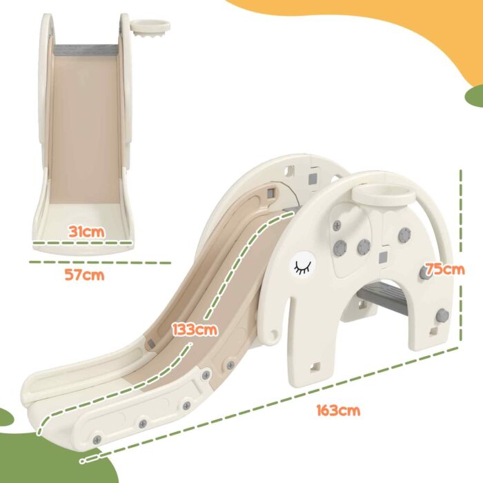 Aiyaplay 3 In 1 Toddler Slide With Basketball Hoop, Climber, Elephant-themed, For 1-3 Years, Cream White