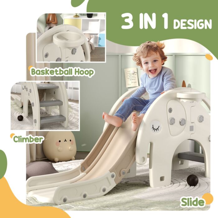 Aiyaplay 3 In 1 Toddler Slide With Basketball Hoop, Climber, Elephant-themed, For 1-3 Years, Cream White