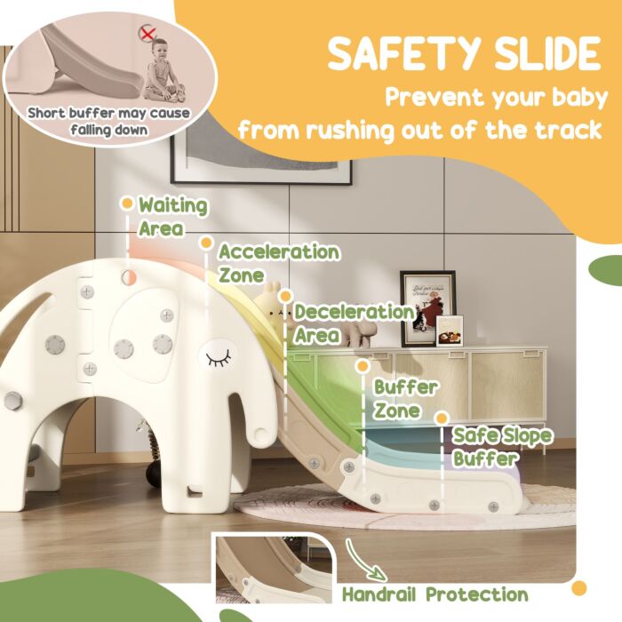 Aiyaplay 3 In 1 Toddler Slide With Basketball Hoop, Climber, Elephant-themed, For 1-3 Years, Cream White